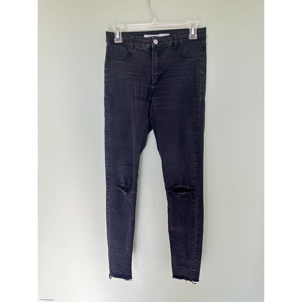 Zara Jeans Trafaluc Denim Makers Raw Hem Ripped Knee Holes Black Sz 8 Grunge Emo - Picture 2 of 8